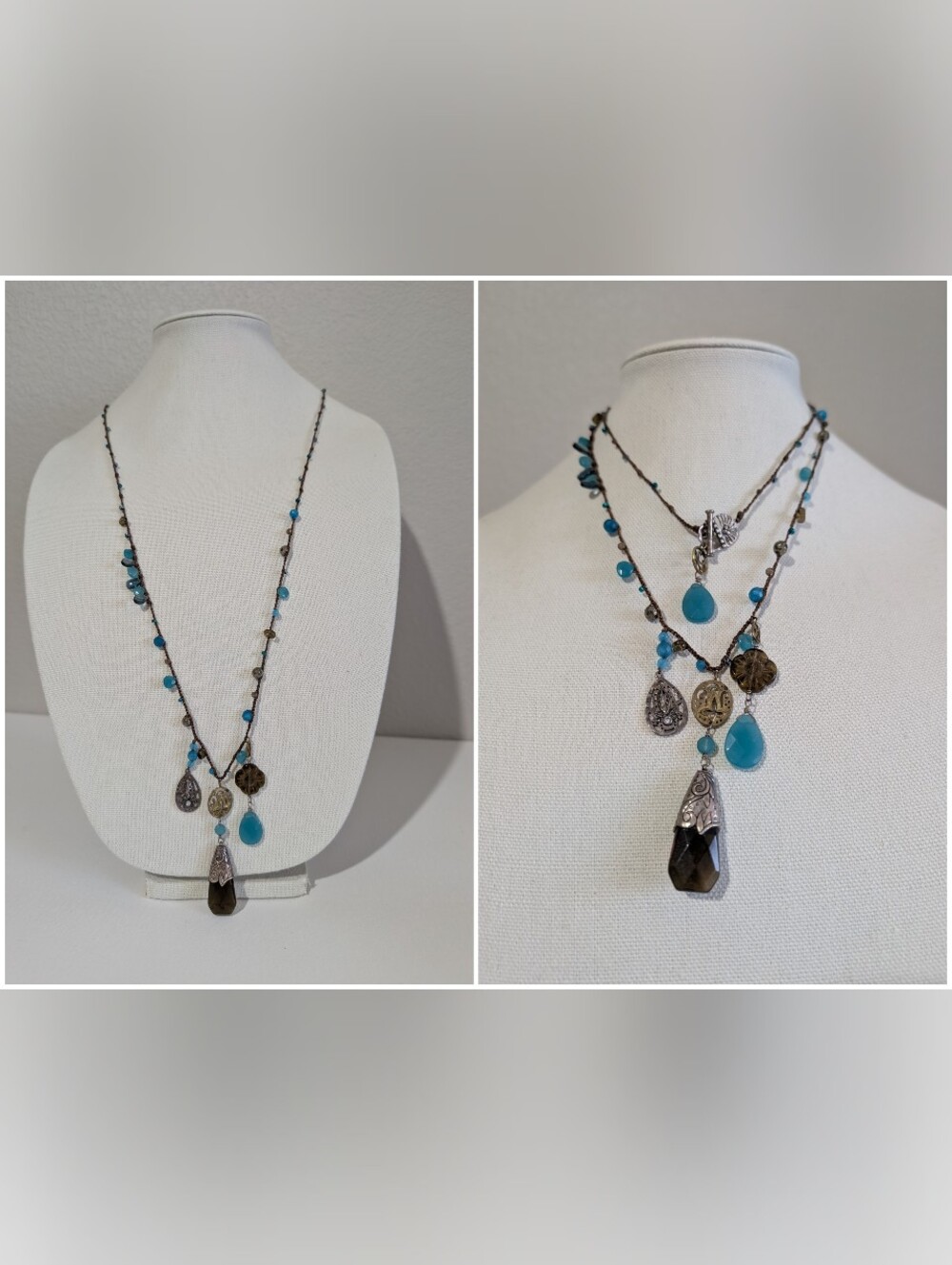 Handmade Blue Multi-Charm Pendant Long Necklace Double Wrap Boho